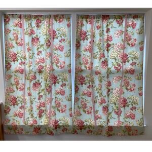 Waverly Floral Hydrangea Tie Up Curtains Set of 2 Green Pink Cottagecore 40"x60"